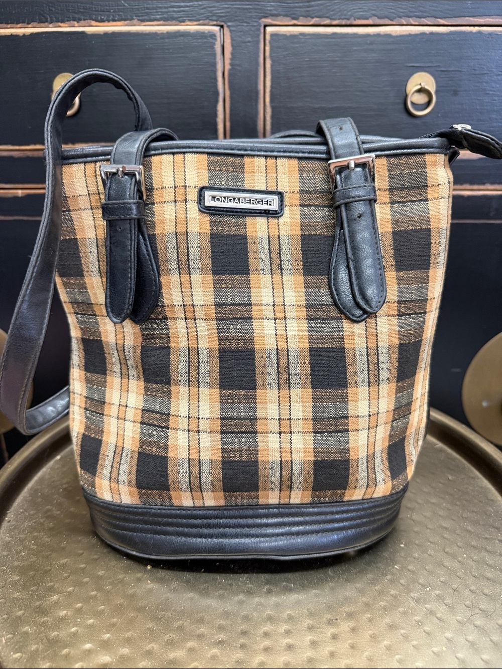Longaberger Homestead Black and Tan Plaid Bucket Bag